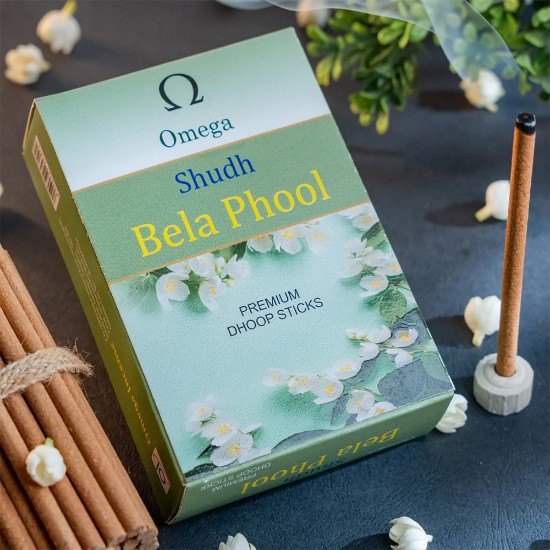 Picture of Omega Shudh Bela Phool Premium Bambooless Dhoop Sticks, pleasant fragrance for creating peaceful and divine prayer environment. Stick size 4 inches, weight 120 grams, burning time 40 minutes approx.
