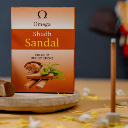 Picture of Omega Shudh Sandal Premium Bambooless Dhoop Sticks, pleasant fragrance for creating peaceful and divine prayer environment. Stick size 4 inches, weight 120 grams, burning time 40 minutes approx.