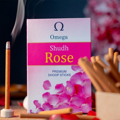 Picture of Omega Shudh Rose Premium Bambooless Dhoop Sticks, pleasant fragrance for creating peaceful and divine prayer environment. Stick size 4 inches, weight 120 grams, burning time 40 minutes approx.