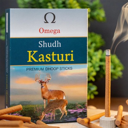 Picture of Omega Shudh Kasturi Premium Bambooless Dhoop Sticks, pleasant fragrance for creating peaceful and divine prayer environment. Stick size 4 inches, weight 120 grams, burning time 40 minutes approx.