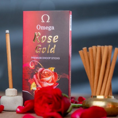 Picture of Omega Rose Gold Premium Bambooless Dhoop Sticks, pleasant fragrance for creating peaceful and divine prayer environment. Stick size 4 inches, weight 50 grams, burning time 30-35 minutes approx.