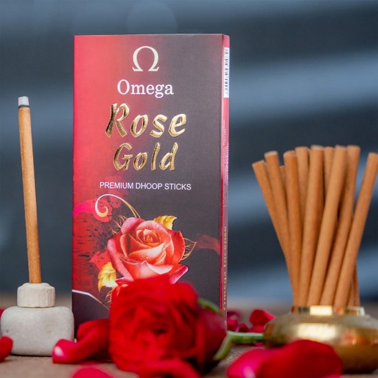 Picture of Omega Rose Gold Premium Bambooless Dhoop Sticks, pleasant fragrance for creating peaceful and divine prayer environment. Stick size 4 inches, weight 50 grams, burning time 30-35 minutes approx.