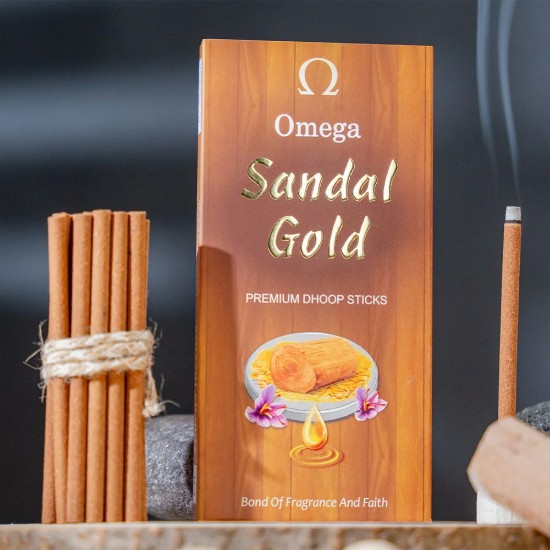Picture of Omega Sandal Gold Premium Bambooless Dhoop Sticks, pleasant fragrance for creating peaceful and divine prayer environment. Stick size 4 inches, weight 50 grams, burning time 30-35 minutes approx.