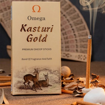 Picture of Omega Kasturi Gold Premium Bambooless Dhoop Sticks, pleasant fragrance for creating peaceful and divine prayer environment. Stick size 4 inches, weight 50 grams, burning time 30-35 minutes approx.