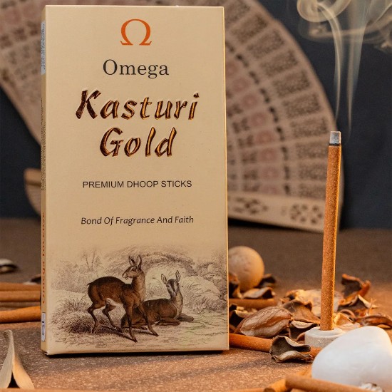 Picture of Omega Kasturi Gold Premium Bambooless Dhoop Sticks, pleasant fragrance for creating peaceful and divine prayer environment. Stick size 4 inches, weight 50 grams, burning time 30-35 minutes approx.