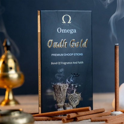 Picture of Omega Oudh Gold Premium Bambooless Dhoop Sticks, pleasant fragrance for creating peaceful and divine prayer environment. Stick size 4 inches, weight 50 grams, burning time 30-35 minutes approx.