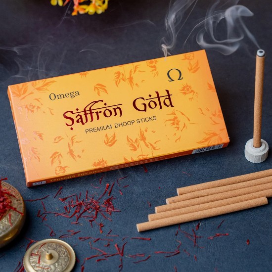 Picture of Omega Saffron Gold Premium Bambooless Dhoop Sticks, pleasant fragrance for creating peaceful and divine prayer environment. Stick size 4 inches, weight 50 grams, burning time 30-35 minutes approx.