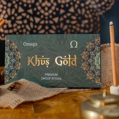 Picture of Omega Khus Gold Premium Bambooless Dhoop Sticks, pleasant fragrance for creating peaceful and divine prayer environment. Stick size 4 inches, weight 50 grams, burning time 30-35 minutes approx.