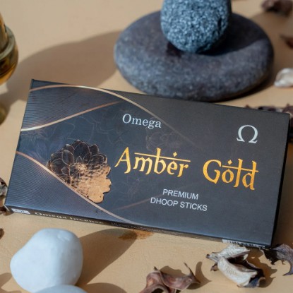 Picture of Omega Amber Gold Premium Bambooless Dhoop Sticks, pleasant fragrance for creating peaceful and divine prayer environment. Stick size 4 inches, weight 50 grams, burning time 30-35 minutes approx.