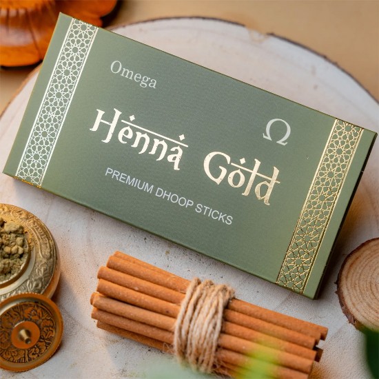 Picture of Omega Henna Gold Premium Bambooless Dhoop Sticks, pleasant fragrance for creating peaceful and divine prayer environment. Stick size 4 inches, weight 50 grams, burning time 30-35 minutes approx.
