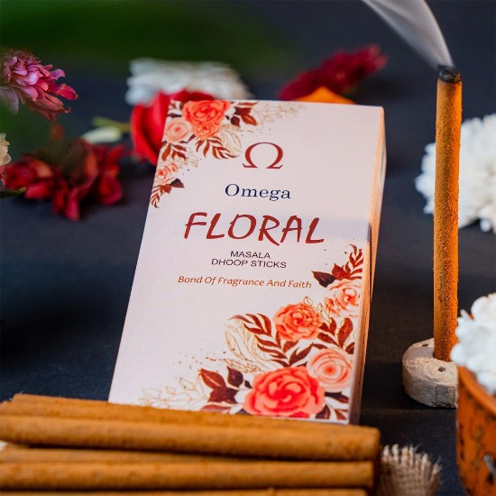 Picture of Omega Floral Bambooless Masala Dhoop Sticks, pleasant fragrance for creating peaceful and divine prayer environment. Stick size 4 inches, weight 80 grams, burning time 40 minutes approx.