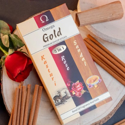 Picture of Omega Omega Gold 3 in 1 (sandal + rose + kasturi) Bambooless Dhoop Sticks, pleasant fragrance for creating peaceful and divine prayer environment. Stick size 6 inches, weight 90 grams, burning time 45-50 minutes approx.
