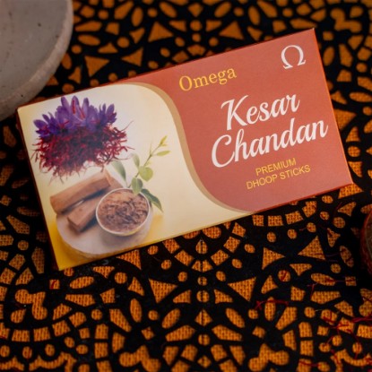Picture of Omega Kesar Chandan Premium Bambooless Dhoop Sticks, pleasant fragrance for creating peaceful and divine prayer environment. Stick size 4 inches, weight 50 grams, burning time 30-35 minutes approx.