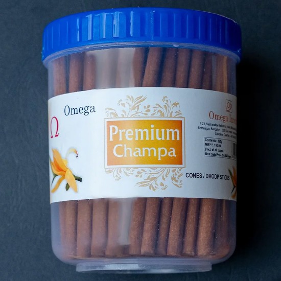 Picture of Omega Premium Champa Bambooless Dhoop Sticks in Jar, pleasant fragrance for creating peaceful and divine prayer environment. Stick size 4 inches, weight 225 grams, burning time 30-35 minutes approx.