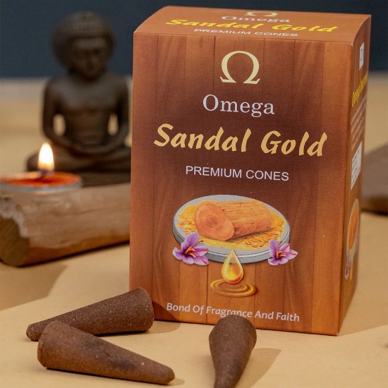 Picture of Omega Sandal Gold Premium Incense Cones are made from a blend of natural ingredients, including aromatic herbs, resins, and essential oils. Cone size 2 inches, burning time 30 minutes, weight approx 100 grams.
