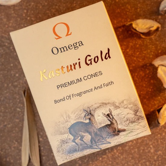 Picture of Omega Kasturi Gold Premium Incense Cones with musky scent, have a calming and grounding effect. These are formulated using natural ingredients and essential oils to create a long-lasting and intense fragrance. Size 2 inches, burning time 30 minutes, weight approx 100 grams.