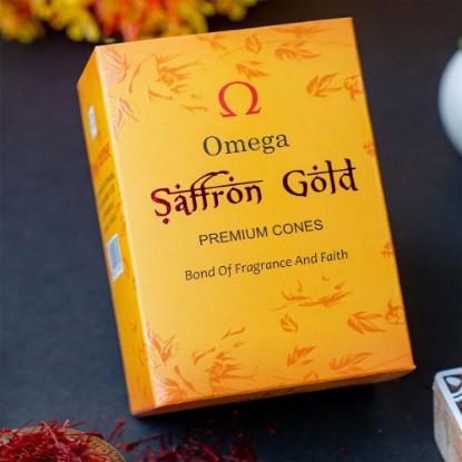 Picture of Omega Saffron Gold Premium Incense Cones are made from the finest quality natural ingredients, including saffron, sandalwood, and other exotic herbs and spices. Cone size 2 inches, burning time 30 minutes, weight approx 100 grams.