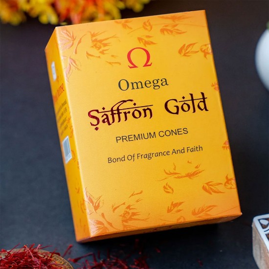 Picture of Omega Saffron Gold Premium Incense Cones are made from the finest quality natural ingredients, including saffron, sandalwood, and other exotic herbs and spices. Cone size 2 inches, burning time 30 minutes, weight approx 100 grams.