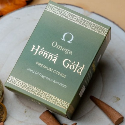 Picture of Omega Henna Gold Premium Incense Cones are a perfect blend of natural ingredients like henna, sandalwood, and other herbs. Cone size 2 inches, burning time 30 minutes, weight approx 100 grams.