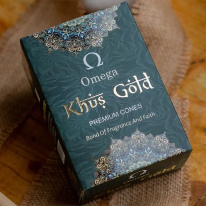 Picture of Omega Khus Gold Premium Incense Cones are from natural ingredients, these cones provide a long-lasting and pure fragrance that rejuvenates the senses and enhances spiritual well-being. Cone size 2 inches, burning time 30 minutes, weight approx 100 grams.
