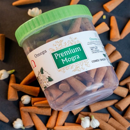 Picture of Omega Premium Mogra Incense Cones in Jar, are made with natural Mogra (Jasmine) essential oils, that release a pleasant and uplifting fragrance, making them perfect for creating a relaxing and peaceful environment. Cone size 1.5 inches, burning time 20 minutes, weight approx 225 grams.