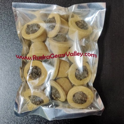 Picture of Mini Sambrani dhoop cup without benzoin, made of Indian breed cow dung powder, mangowood sawdust, hawan samagri powder, cow ghee and natural hawan ingredients. Pack of 12 pcs., net weight 80 grams.