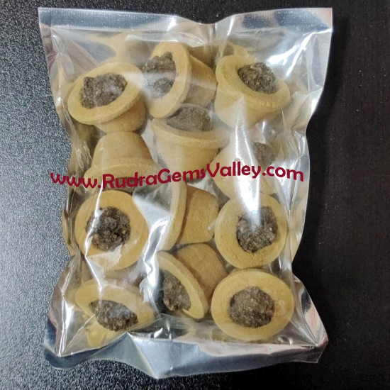Picture of Mini Sambrani dhoop cup without benzoin, made of Indian breed cow dung powder, mangowood sawdust, hawan samagri powder, cow ghee and natural hawan ingredients. Pack of 12 pcs., net weight 80 grams.
