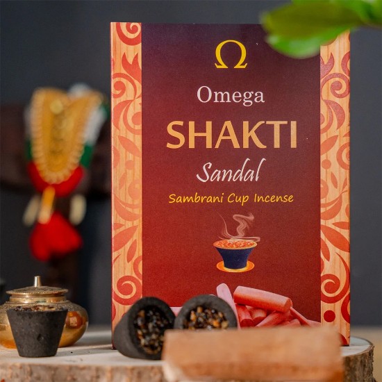 Picture of Omega Shakti Sandal Cup Sambrani made from a mixture of natural herbs, and resins to purify the air, reduce stress, and promote a sense of peace and tranquility. Burning time 20-25 minutes, Pack of 12 pcs.