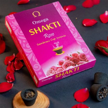 Picture of Omega Shakti Rose Cup Sambrani made from a mixture of natural herbs, and resins to purify the air, reduce stress, and promote a sense of peace and tranquility. Burning time 20-25 minutes, Pack of 12 pcs.