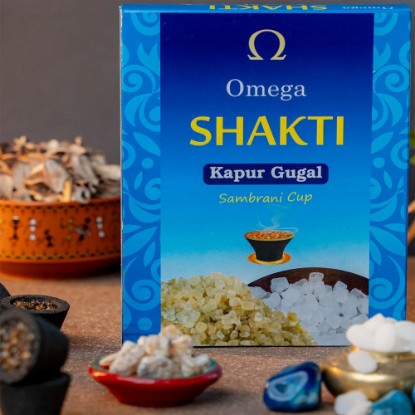 Picture of Omega Shakti Kapur-Gugal Cup Sambrani made from a mixture of natural herbs, and resins to purify the air, reduce stress, and promote a sense of peace and tranquility. Burning time 20-25 minutes, Pack of 12 pcs.