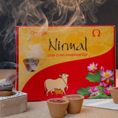 Picture of Omega Shakti Nirmal Cow Dung Cup Sambrani made from pure cow dung, this traditional incense promotes a serene atmosphere while reducing air pollution by up to 94 percent. Burning time 20-25 minutes, Pack of 12 pcs.