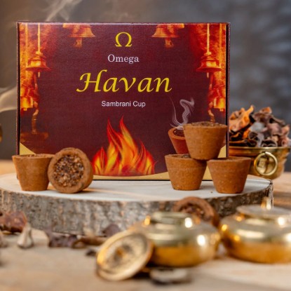 Picture of Omega Shakti Havan Cup Sambrani made from pure cow dung, this traditional incense promotes a serene atmosphere while reducing air pollution by up to 94 percent. Burning time 20-25 minutes, Pack of 12 pcs.