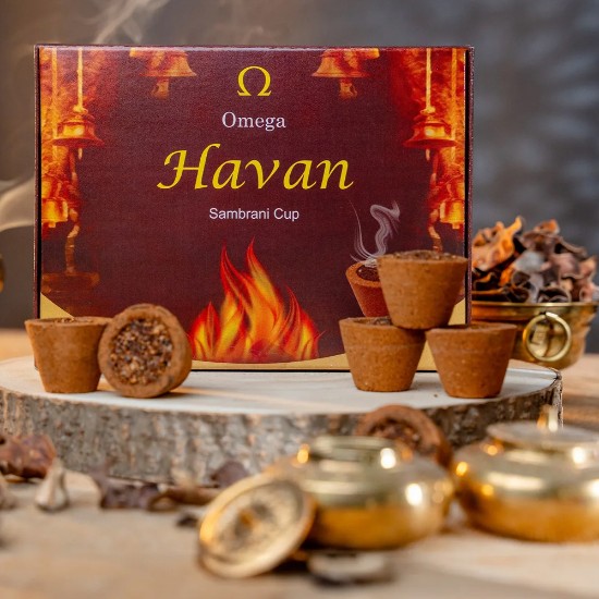 Picture of Omega Shakti Havan Cup Sambrani made from pure cow dung, this traditional incense promotes a serene atmosphere while reducing air pollution by up to 94 percent. Burning time 20-25 minutes, Pack of 12 pcs.