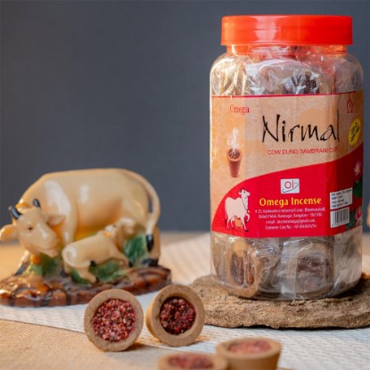 Picture of Omega Shakti Nirmal Cow Dung Cup Sambrani in Jar made from pure cow dung, this traditional incense promotes a serene atmosphere while reducing air pollution by up to 94 percent. Burning time 20-25 minutes, Pack of 28 pcs.