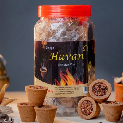 Picture of Omega Shakti Havan Cup Sambrani in Jar made from pure cow dung, this traditional incense promotes a serene atmosphere while reducing air pollution by up to 94 percent. Burning time 20-25 minutes, Pack of 28 pcs.