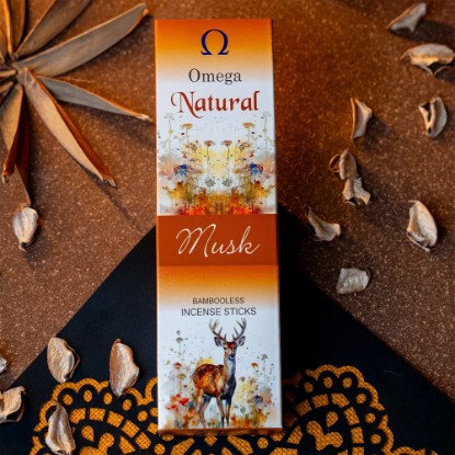 Picture of Omega natural musk bambooless incense sticks, size 6 inches, 80 sticks in a packet, burning time 35-40 minutes, weight approx 100 grams.