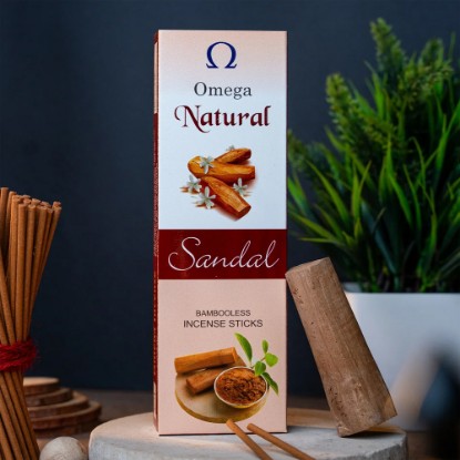 Picture of Omega natural sandal bambooless incense sticks, size 6 inches, 80 sticks in a packet, burning time 35-40 minutes, weight approx 100 grams.