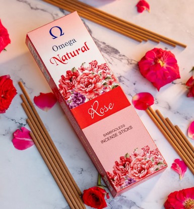 Picture of Omega natural rose bambooless incense sticks, size 6 inches, 80 sticks in a packet, burning time 35-40 minutes, weight approx 100 grams.
