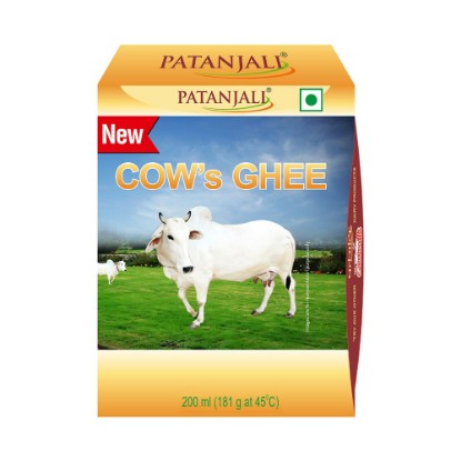Picture of Patanjali Pure Cow Ghee, best for oral consumption as well as puja purposes, it boosts body energy and detoxify the body. Pack of 200 ml.