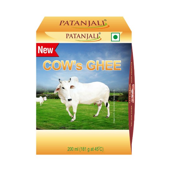Picture of Patanjali Pure Cow Ghee, best for oral consumption as well as puja purposes, it boosts body energy and detoxify the body. Pack of 200 ml.