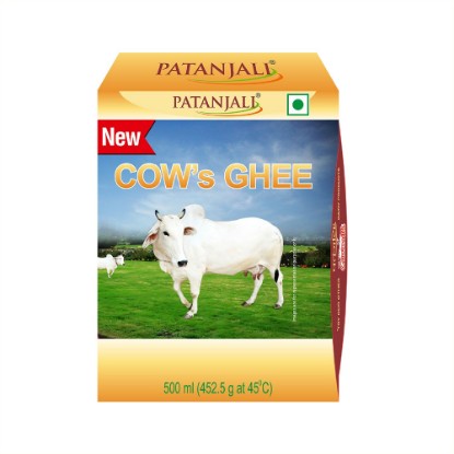 Picture of Patanjali Pure Cow Ghee, best for oral consumption as well as puja purposes, it boosts body energy and detoxify the body. Pack of 500 ml.