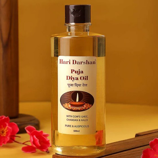 Picture of Hari Darshan Diya Oil-Lamp-Pooja-Deepam Oil, Unscented, Chemical free, contains ghee, sesame oil, sandalwood fragrance and turmeric oil, bottle of 500 ml.