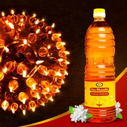 Picture of Cycle Jasmin pure puja oil, Om Shanthi Pure Puja Oil is made with a blend of five puja oils - Coconut oil, Sesame (Til) oil, Castor oil, Mahua oil, Rice Bran oil sourced in their purest form and infused with Jasmine fragrance, Pack of 1000ml