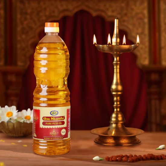 Picture of Cycle Navin pure puja oil, Om Shanthi Pure Puja Oil the blend of five puja oils, coconut, Rice Bran, Sesame (Til), Castor and Mahua are sourced in their purest form and blended with Tulsi fragrance for cherished memories to last longer, Pack of 500ml