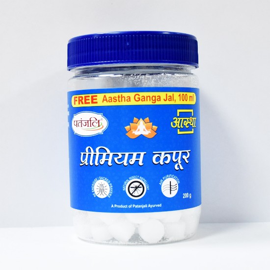 Picture of Patanjali Aastha Premium Camphor in Jar, Derived from the wood of the camphor tree, it is known for its distinct aroma and medicinal properties. Pack of 200 gram.