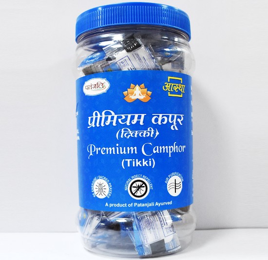 Picture of Patanjali Aastha Premium Camphor Tikki in Jar, Derived from the wood of the camphor tree, it is known for its distinct aroma and medicinal properties. Pack of 375 gram.