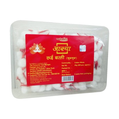 Picture of Patanjali Aastha Cotton Wicks Kumkum are made from natural hand picked cotton, jyot batti-rui batti-diya baati, weight approx 25 grams.