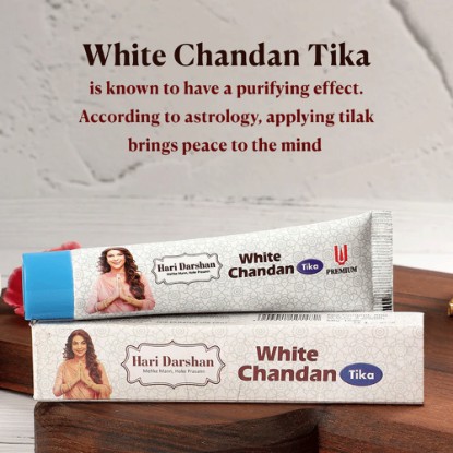 Picture of Hari Darshan White Chandan Tika 50g Tube -Made with Pure White Sandalwood Powder, Saffron and natural herbs. Pack of 1 tube.